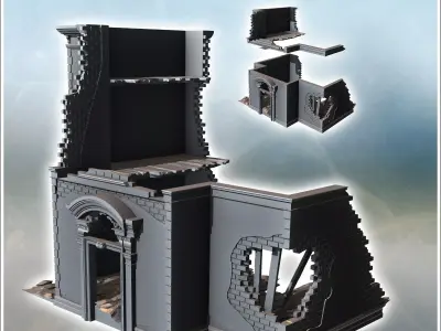 Two-story ruined building with baroque-style entrance door 22 -  3D print model