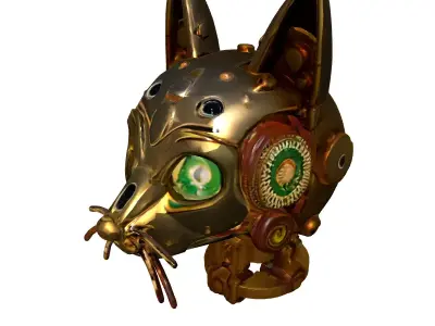 Golden Steampunk Robotic Cat Head Low-poly 3D model