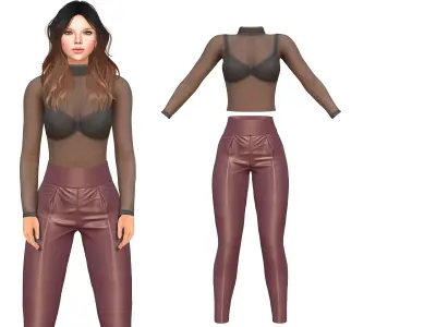 See Through Body Effect Sheer Top and Maroon Shiny Leather Pants Low-poly 3D model
