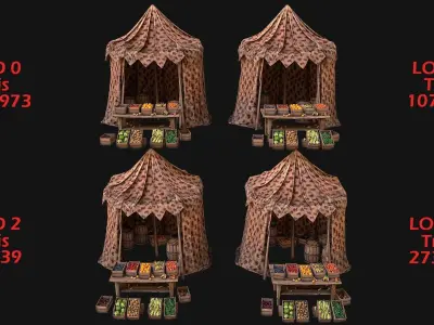 Medieval Market Stalls Cylindrical Tent Fruits Vegetables Low-poly 3D model