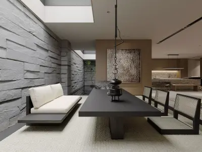 Living Room and Kitchen with Dinning Set Low-poly-113 Low-poly 3D model