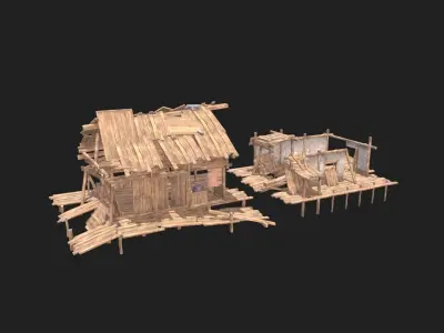 Broken wooden house 01 Low-poly 3D model