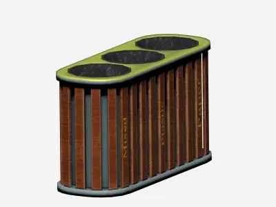 Triple wooden and metal trash can with carrier bag Low-poly 3D model