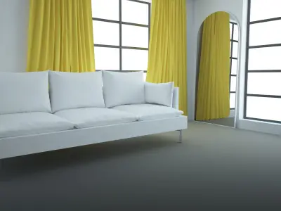 Living room with wide windows sofa arch mirror and curtains 3D model