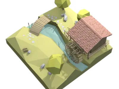 Watermill isometric landscape village low poly Low-poly 3D model