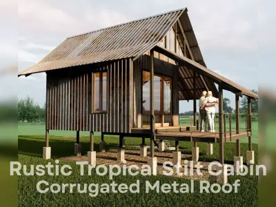 Rustic Tropical Stilt Cabin - Corrugated Metal Roof Low-poly 3D model