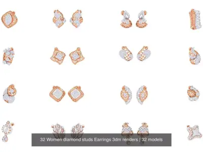 32 Women diamond studs Earrings 3dm renders 3D Model Pack