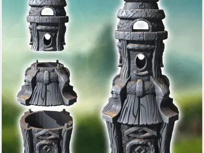Large medieval tower with wooden door and concave roof and woode 3D print model purchase
