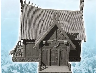 Wooden viking house on platform with double stairs and annex 12  3D print model