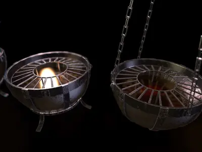 Set of Fire bowls and Crystal Lanterns Low-poly 3D model