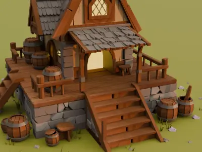 Stylized Medieval Wooden House Low Poly 3D Model 3D model
