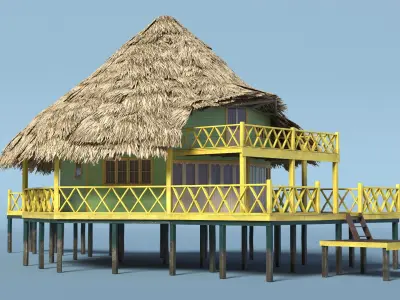  Seaside Hut with Palm Leaf Roof and Elevated Deck Yellow Railings 