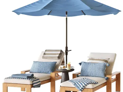 Malibu teak chaise longue with umbrella 3D model