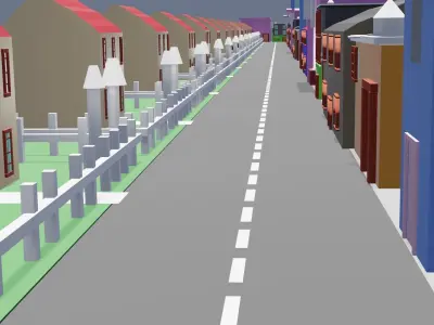 City low poly street with houses and buildings Low-poly 3D model