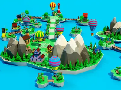 Cartoon sea village Low-poly 3D model