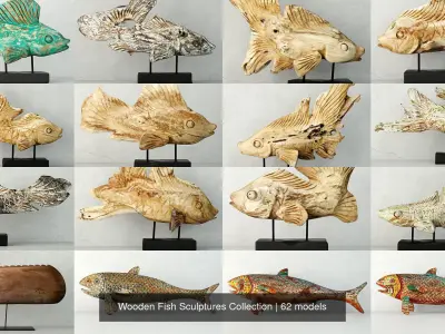 Wooden Fish Sculptures Collection 3D Model Pack
