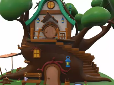 Cartoon tree house and props 3D model