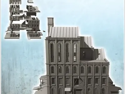 Large multi-storey brick factory on platforms with canopies and  3D print model