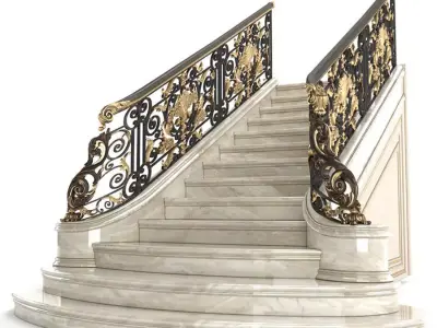 Classic marble staircase with wrought iron railing 3D model
