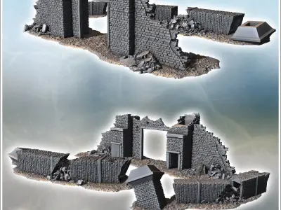 Heavily damaged building with exposed interior large windows and 3D print model