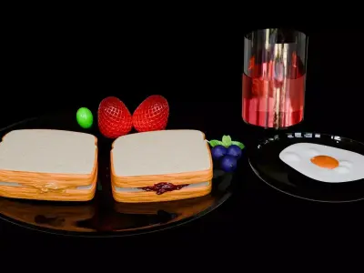 Food sliced bread sandwich breakfast and juice 3D model