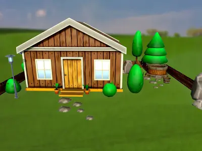 Set of stylized house bushes trees well stones fence PBR Low-poly 3D model