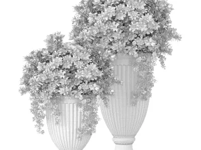 Bouquet of white and yellow Petunia flowers in pots urns vases 3D model