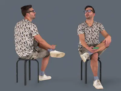 Sitting Observer Young Man in Casual T-shirt and Shorts 3D model