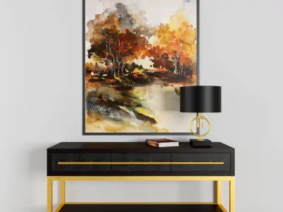 console painting of autumn trees on table 3D model