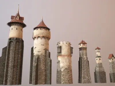 Medieval DRAGON Towers with general texture set 8k Low-poly 3D model