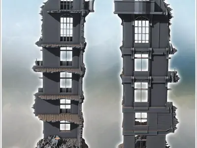 Narrow ruined structure with detailed windows exposed brickwork  3D print model