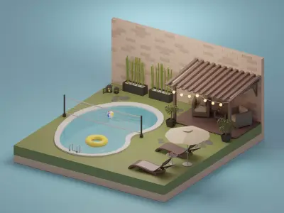 Garden swimming pool with lounge chairs and umbrella Low-poly 3D model