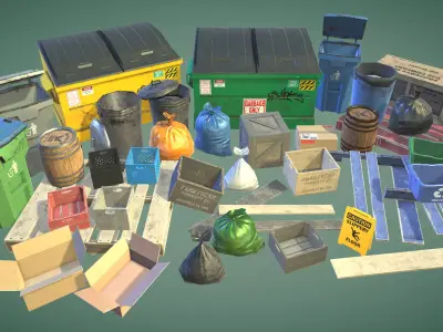 Garbage bins and  crates and other Props Low-poly 3D model