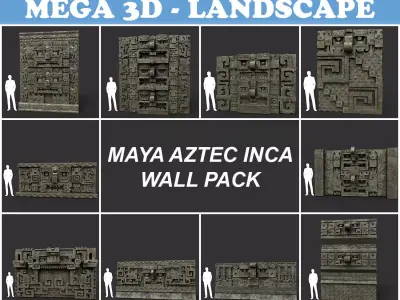 Low poly Mayan Inca Aztec Wall Modular Pack Mossy 210616 Low-poly 3D model