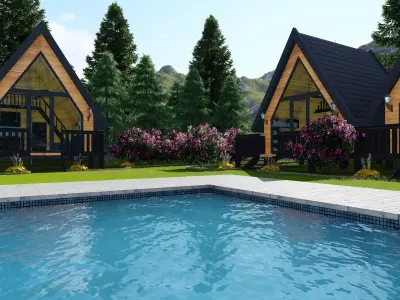 BUNGALOW two cabins in middle of grassy field 3D model