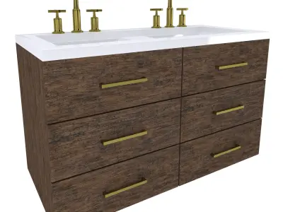 Vanity bathroom with two sinks and brass faucets 3D model