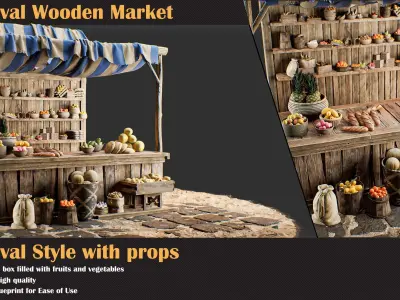 5 Medieval Wooden Market 3D model
