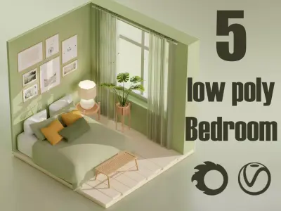 5 Lowpoly bedrooms bedroom with bed and lamp Low-poly 3D model