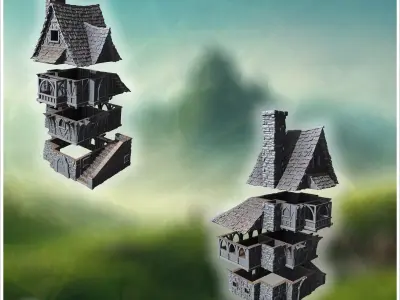 Large medieval house with steep roofs timber framing and stone w 3D print model