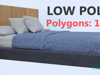 Bed and Headboard with Vertical Design Low-poly 3D model