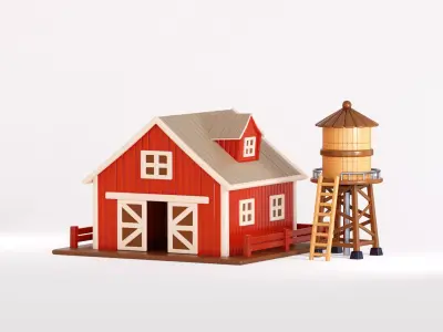 Hybrid Barn with Water Tank Low-poly 3D model