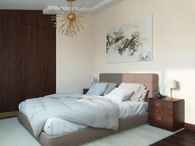 Bedroom with wooden flooring and bed 3D model