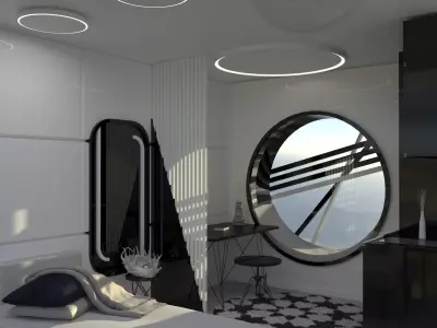 capsule futuristic bedroom with circular window 3D model