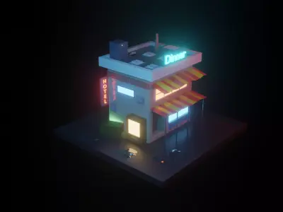 cyberpunk lowpoly building with neon lights Low-poly 3D model