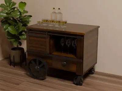 Antique Industrial Bar Cart Low-poly 3D model