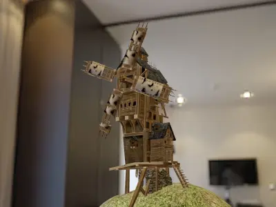  Wooden  AAA Medieval Windmill Low-poly 3D model Low-poly 3D model