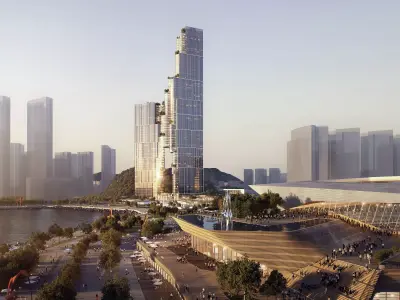 Waterfront Cityscape with Landmark Glass Tower and Promenade 3D model