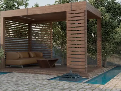 Outdoor Relaxation Gazebo with Sofa Table Fountain 3D model