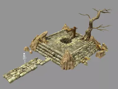 Desert - dry well - dry tree - scene 3D model