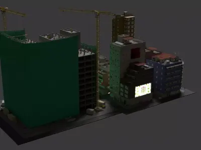 High Rise Construction Dual Tower Cranes Urban Site 3D Model Low-poly 3D model